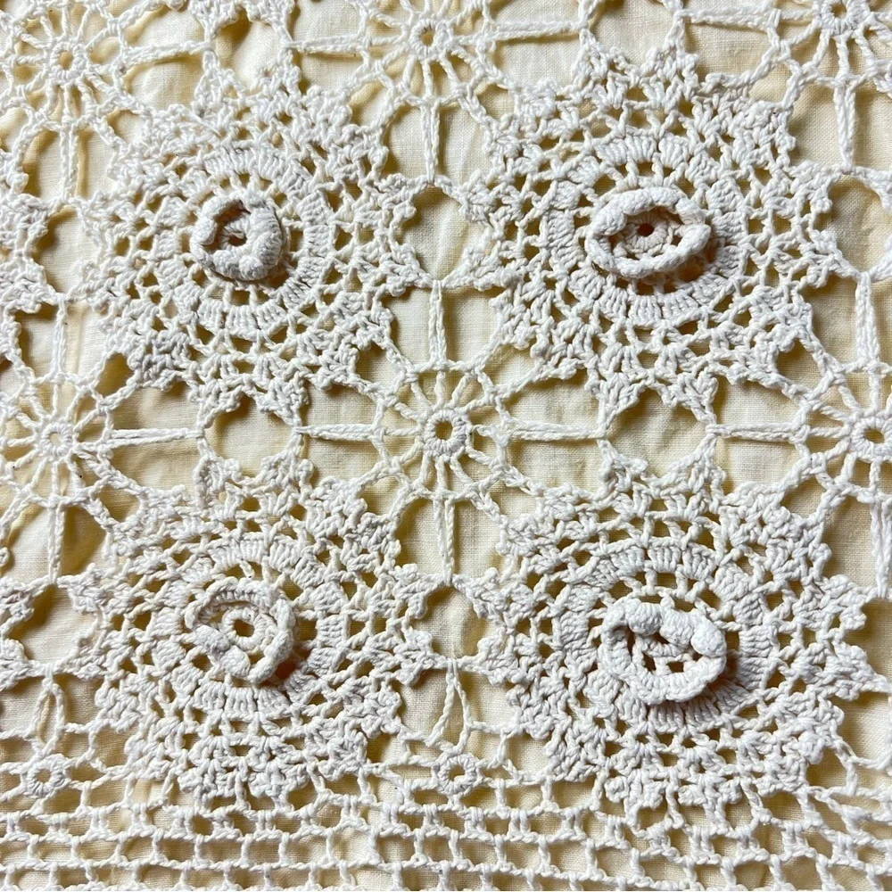 Vtg Crochet Linen Lace Standard Pillow Sham Beige Tan Shabby Cottagecore Chic
